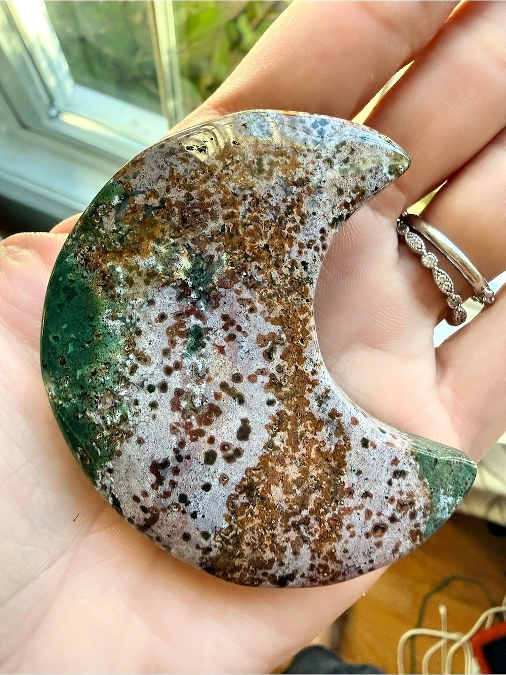 Ocean Jasper Crescent Moon Carving Green & Brown